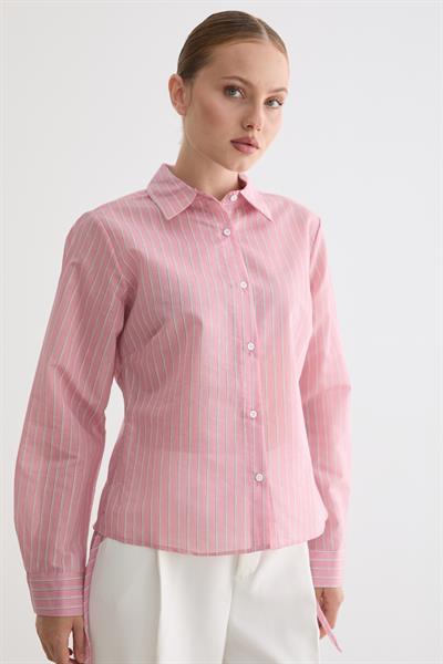 Kadın Yan Büzgülü Bağcıklı Çizgili Gömlek PEMBE