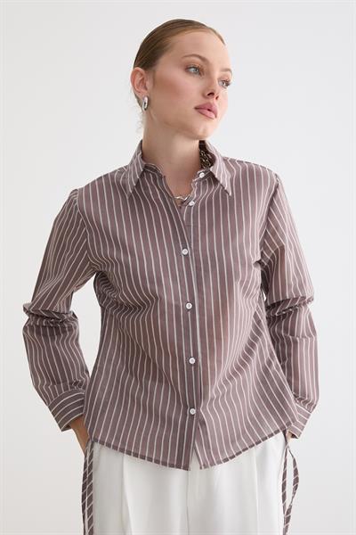 Kadın Yan Büzgülü Bağcıklı Çizgili Gömlek KAHVE