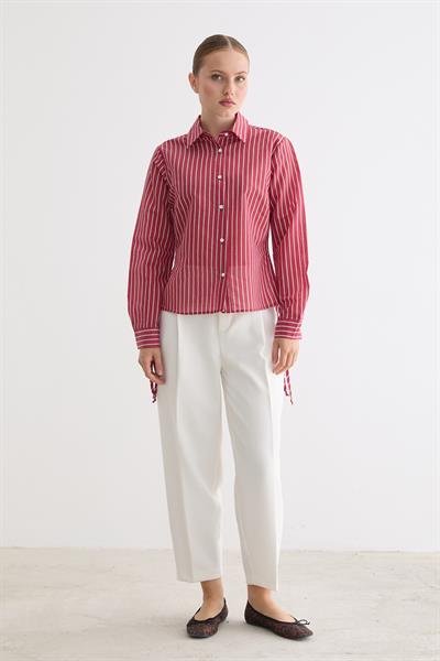 Kadın Yan Büzgülü Bağcıklı Çizgili Gömlek BORDO