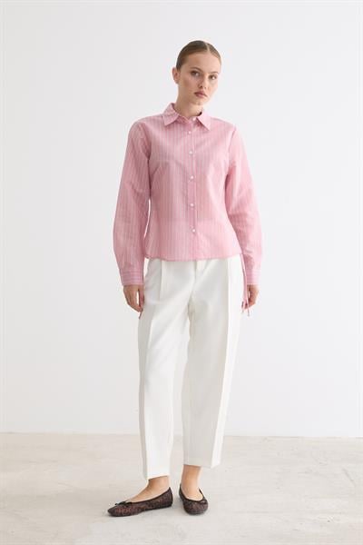 Kadın Yan Büzgülü Bağcıklı Çizgili Gömlek PEMBE