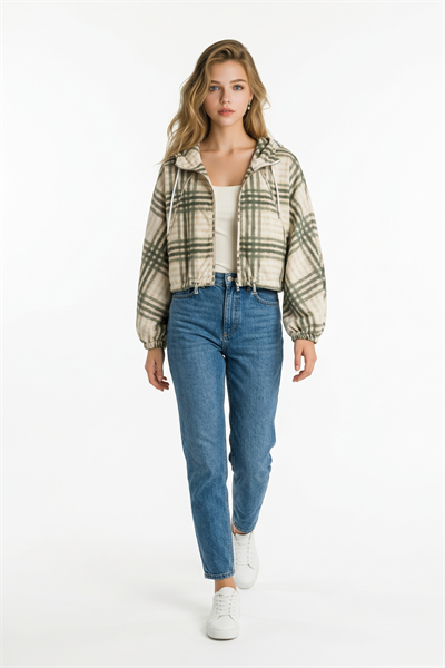 Kapüşonlu Ekose Yağmurluk HAKİ