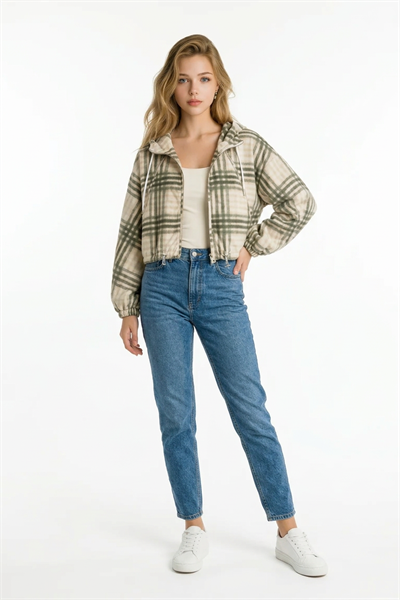 Kapüşonlu Ekose Yağmurluk HAKİ