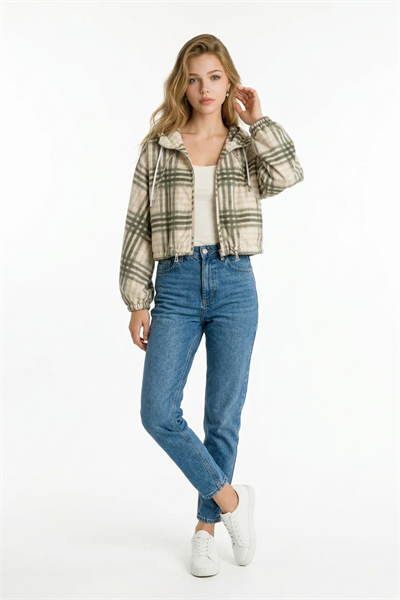 Kapüşonlu Ekose Yağmurluk HAKİ