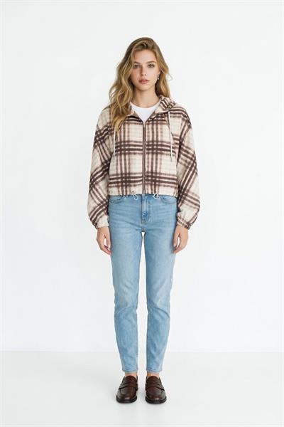 Kapüşonlu Ekose Yağmurluk KAHVE