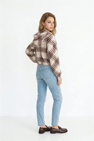 Kapüşonlu Ekose Yağmurluk KAHVE