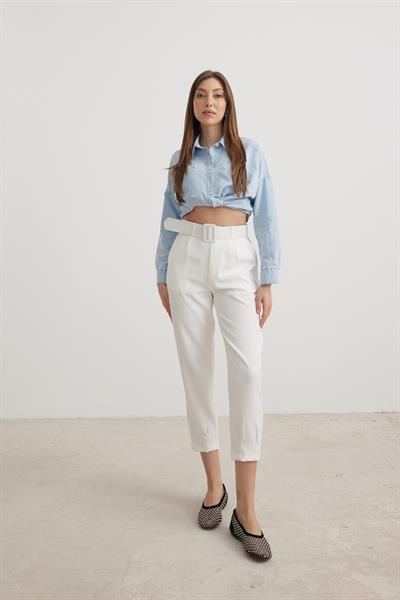 Kemer Detaylı Kadın Pantolon EKRU