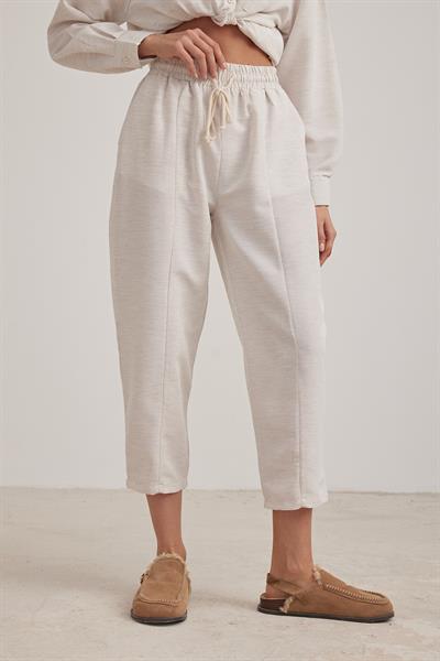 Keten Bağlama Detaylı Kadın Pantolon TAŞ