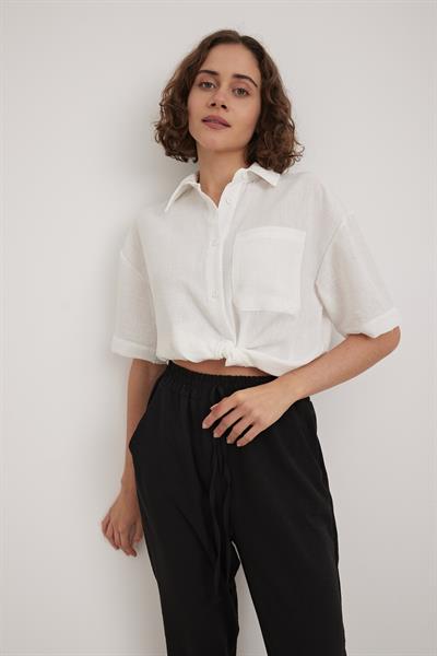 Keten Kısa Kol Düğmeli Gömlek BEYAZ