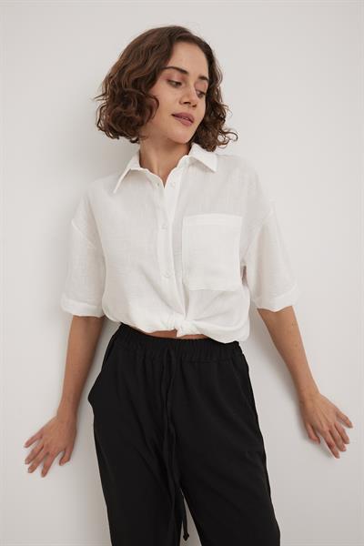 Keten Kısa Kol Düğmeli Gömlek BEYAZ