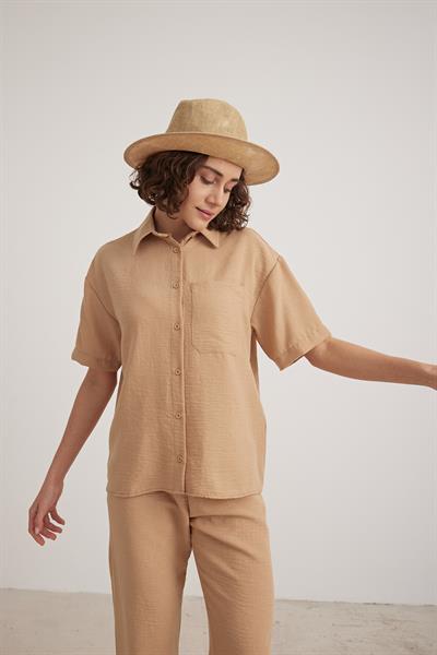 Keten Kısa Kol Düğmeli Gömlek BİSKÜVİ