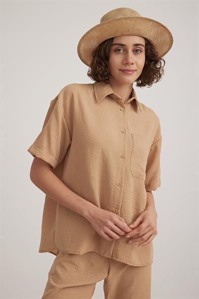 Keten Kısa Kol Düğmeli Gömlek BİSKÜVİ