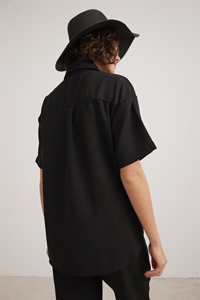 Keten Kısa Kol Düğmeli Gömlek SİYAH