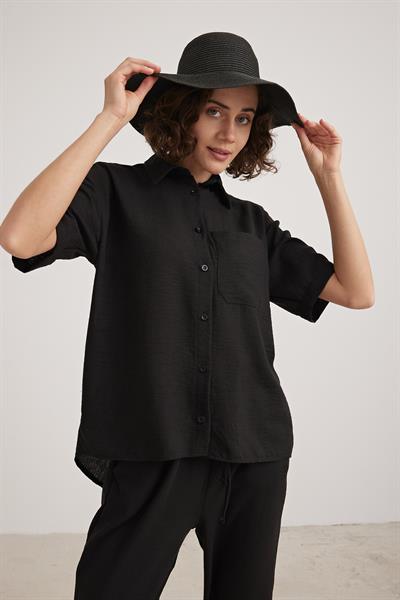Keten Kısa Kol Düğmeli Gömlek SİYAH