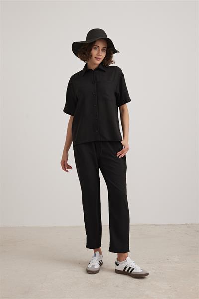 Keten Kısa Kol Düğmeli Gömlek SİYAH