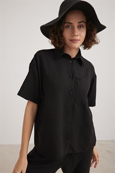 Keten Kısa Kol Düğmeli Gömlek SİYAH