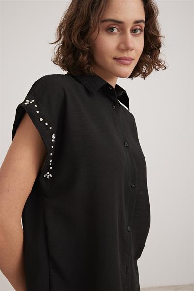 Keten Kol Taş Detaylı Gömlek SİYAH