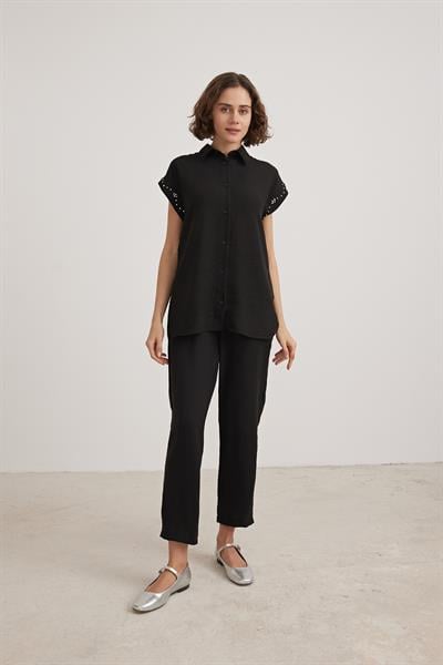 Keten Kol Taş Detaylı Gömlek SİYAH