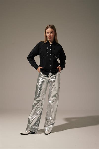 Keten Önü Zımbalı Kadın Gömlek SİYAH