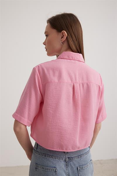 Kısa Kol Crop Kadın Gömlek PEMBE