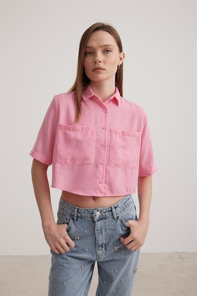 Kısa Kol Crop Kadın Gömlek PEMBE