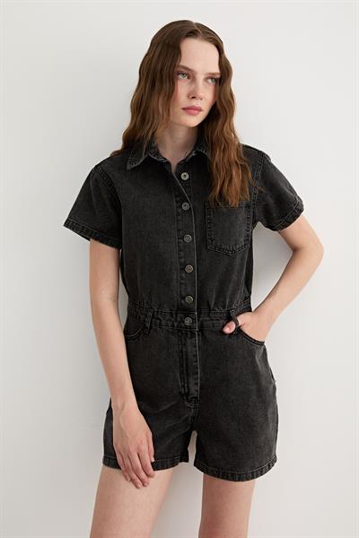 Kısa Kollu Düğmeli Şort Tulum BLACK