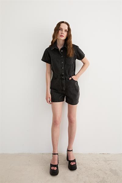 Kısa Kollu Düğmeli Şort Tulum BLACK