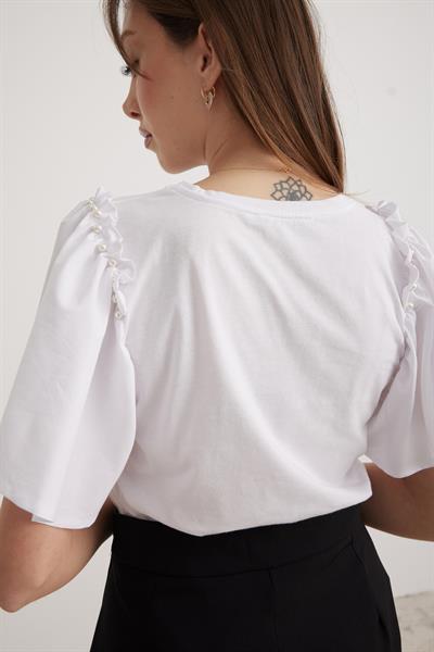 Kol Volanlı Kadın Tshirt BEYAZ