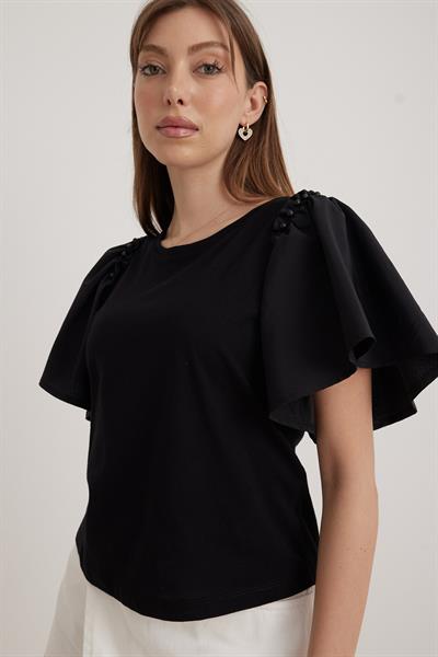 Kol Volanlı Kadın Tshirt SİYAH