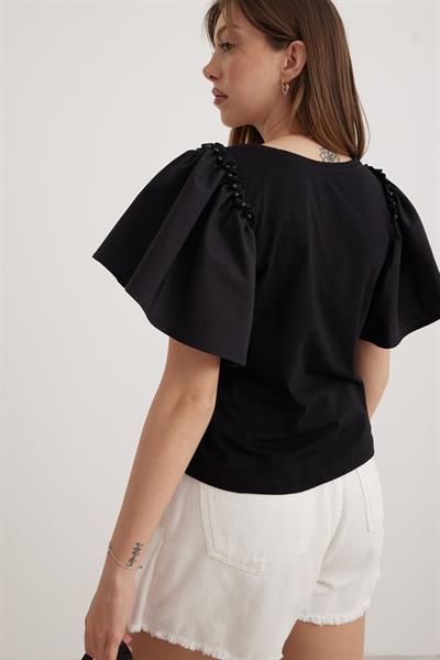 Kol Volanlı Kadın Tshirt SİYAH