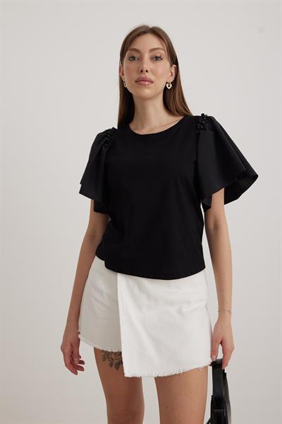 Kol Volanlı Kadın Tshirt SİYAH