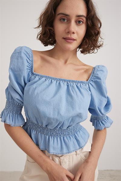 Lastik Detaylı Kadın Kot Bluz BLUE