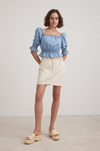 Lastik Detaylı Kadın Kot Bluz BLUE