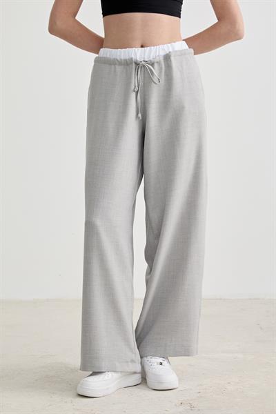 Lastik Garni Detaylı Uzun Keten Pantolon GRİ