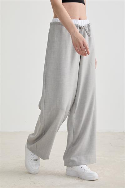 Lastik Garni Detaylı Uzun Keten Pantolon GRİ