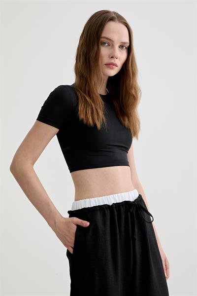 Lastik Garni Detaylı Uzun Keten Pantolon SİYAH