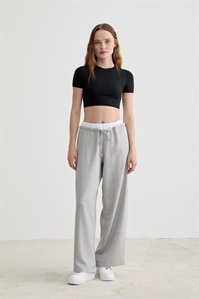 Lastik Garni Detaylı Uzun Keten Pantolon GRİ