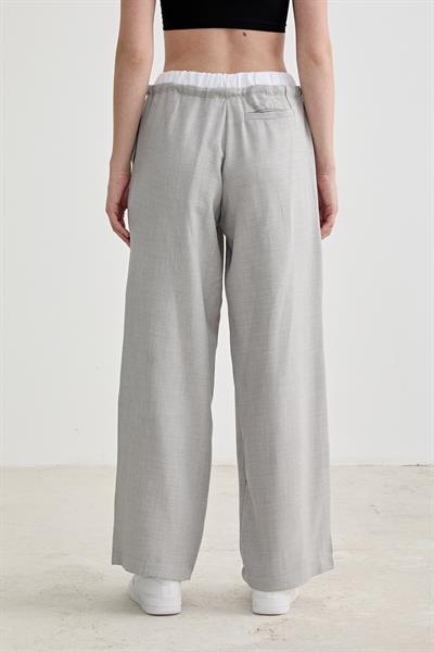 Lastik Garni Detaylı Uzun Keten Pantolon GRİ