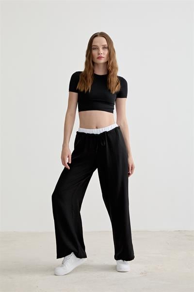 Lastik Garni Detaylı Uzun Keten Pantolon SİYAH