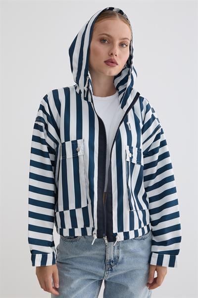 Marine Çizgili Kapüşonlu Ceket LACİVERT ÇİZGİLİ