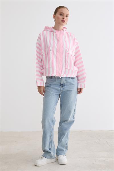Marine Çizgili Kapüşonlu Ceket PEMBE ÇİZGİLİ