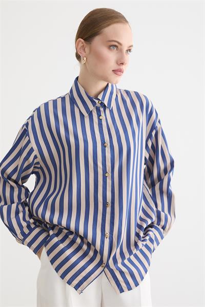 Metalize Düğme Detaylı Çizgili Gömlek LACİVERT