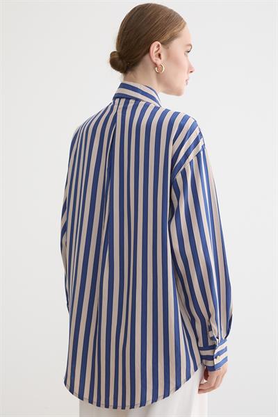 Metalize Düğme Detaylı Çizgili Gömlek LACİVERT