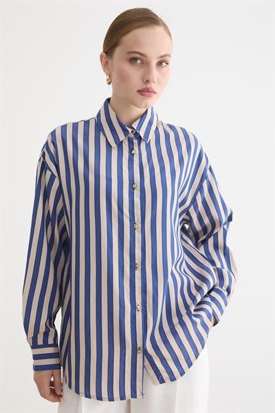Metalize Düğme Detaylı Çizgili Gömlek LACİVERT