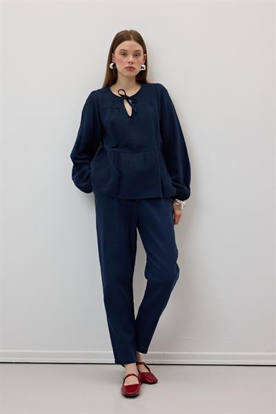 Müslin Salaş Bel Lastikli Kadın Pantolon LACİVERT
