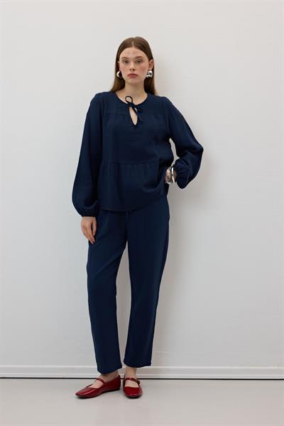 Müslin Salaş Bel Lastikli Kadın Pantolon LACİVERT