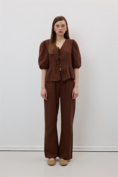 Müslin Salaş Bel Lastikli Kadın Pantolon KAHVE