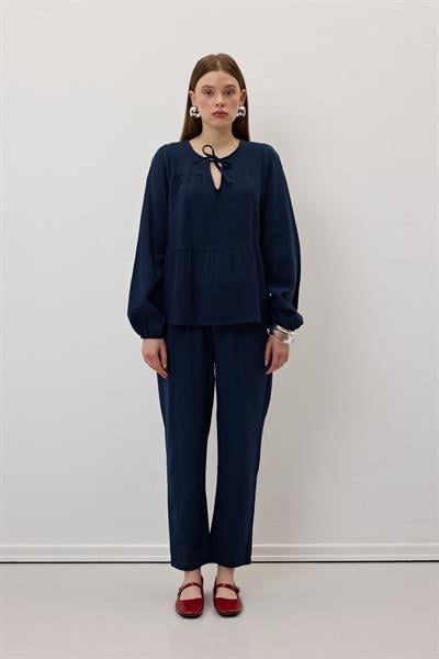 Müslin Salaş Bel Lastikli Kadın Pantolon LACİVERT