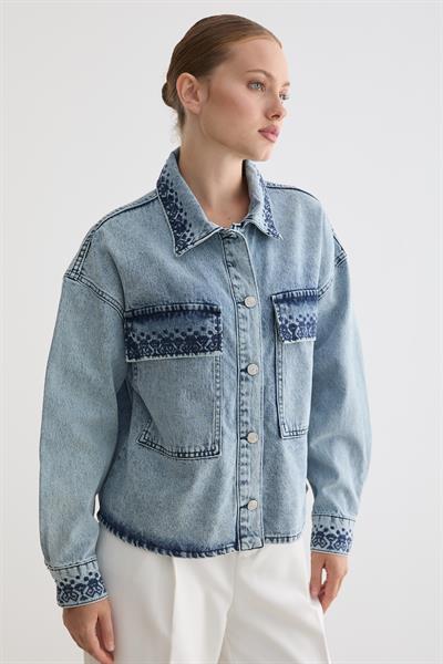 Nakış Detaylı Denim Kot Ceket BLUE