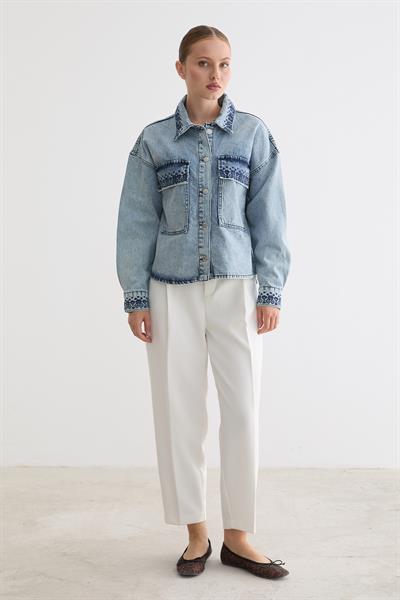 Nakış Detaylı Denim Kot Ceket BLUE
