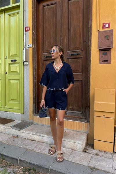 Nakış Detaylı Düğmeli Gömlek LACİVERT